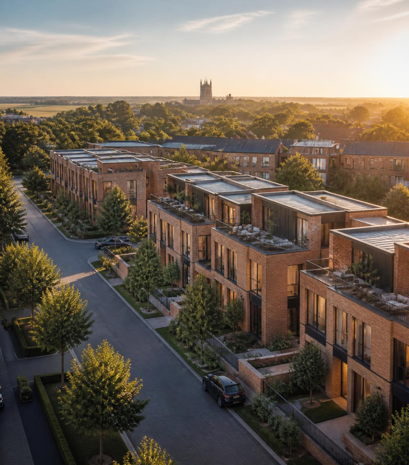 Aerial view of a modern UK residential development at golden hour